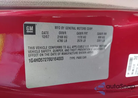 2008 Buick Lucerne Cxl z USA, uszkodzony, nr VIN 1G4HD57278U164003